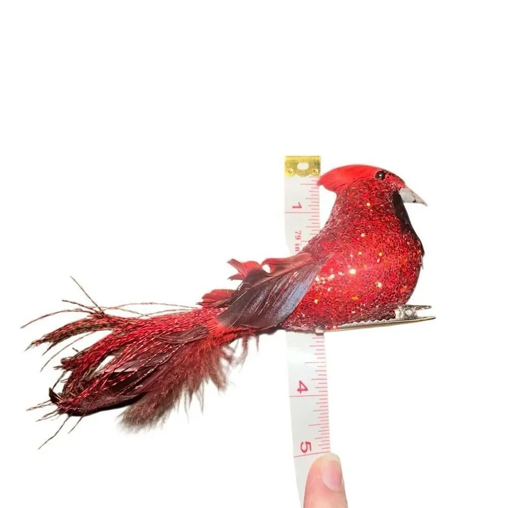 *NEW* 12 Beautiful red glitter clip on cardinal birds with feathers